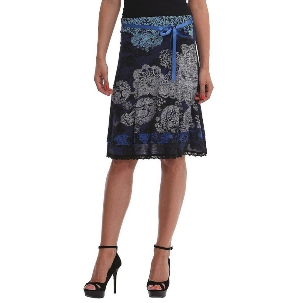 Desigual A- Line Black and Blue Paisley Print Skirt Size L
